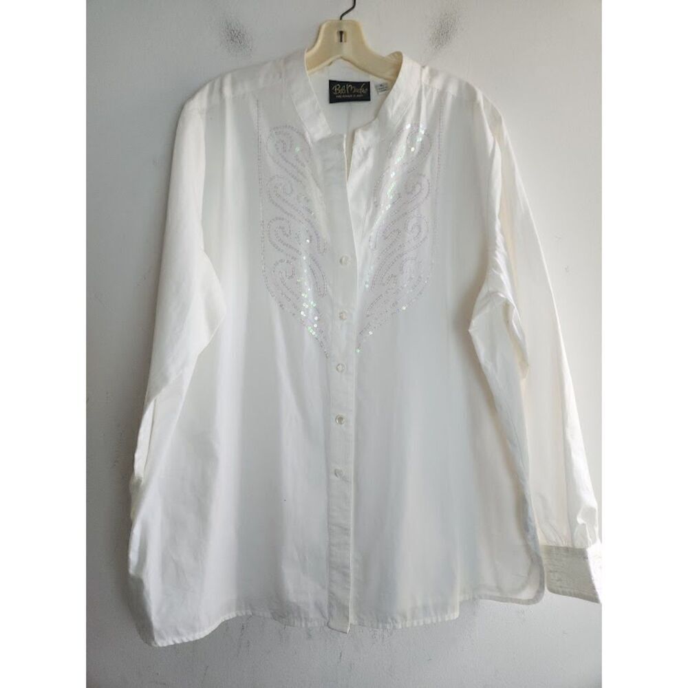 Bob Mackie Wearable Art White w/Pink Sequin Cotton Button Down Blouse size XL